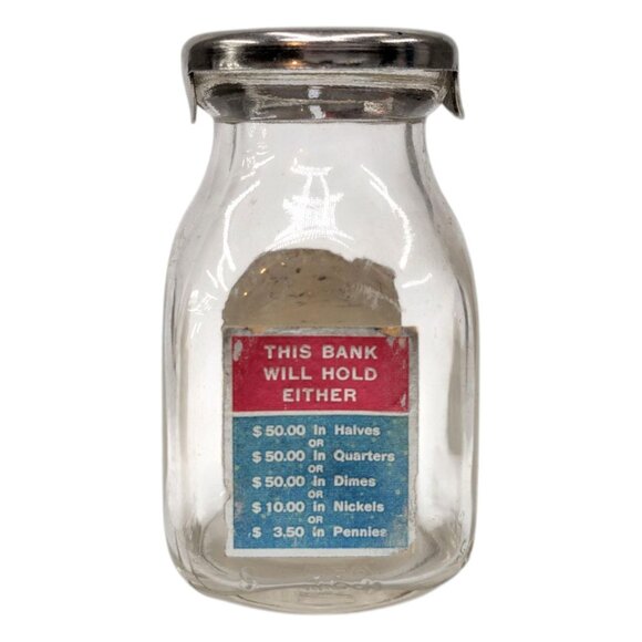 Vtg Half Pint Coin Bank Bower Manufacturing Co Goshen Glass Jar with Metal Lid - Picture 7 of 13